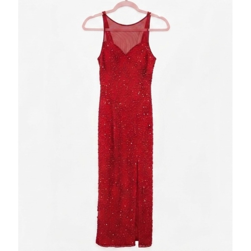 Vintage Andretta Donatello Red Silk Beaded Mesh Gown Size XS